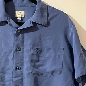 Solitude Breezy Bay Mens M Button Up Blue Shirt Soft Rayon Polyester Blend EUC